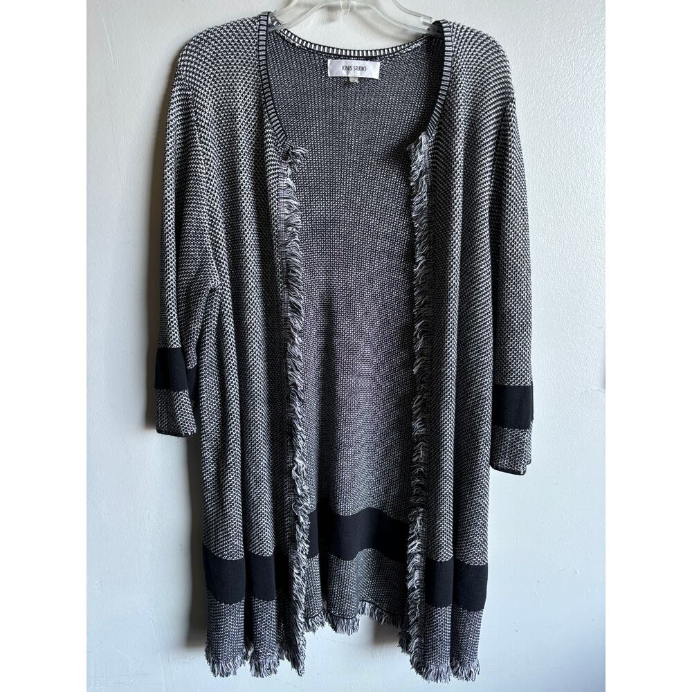 Jones Studio Duster Cardigan Longline Open Front Plus Size 1X Black Grey Fringes